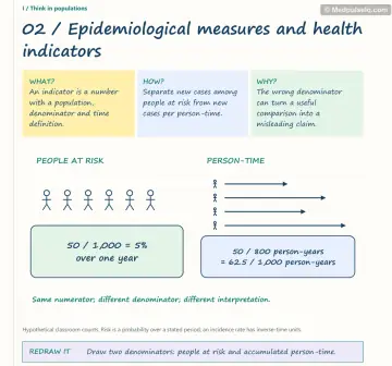 Visual notebook page — Epidemiological measures and health indicators: what, how and why panels with a teaching diagram
