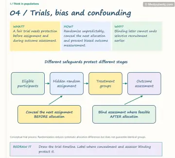 Visual notebook page — Trials, bias and confounding: what, how and why panels with a teaching diagram