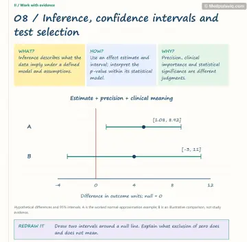 Visual notebook page — Inference, confidence intervals and test selection: what, how and why panels with a teaching diagram
