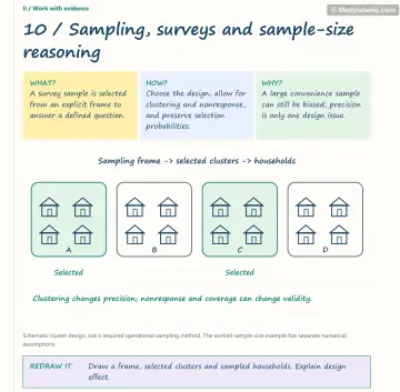 Visual notebook page — Sampling, surveys and sample-size reasoning: what, how and why panels with a teaching diagram