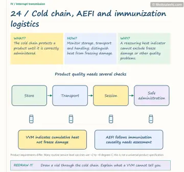 Visual notebook page — Cold chain, AEFI and immunization logistics: what, how and why panels with a teaching diagram