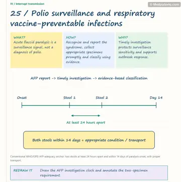 Visual notebook page — Polio surveillance and respiratory vaccine-preventable infections: what, how and why panels with a teaching diagram