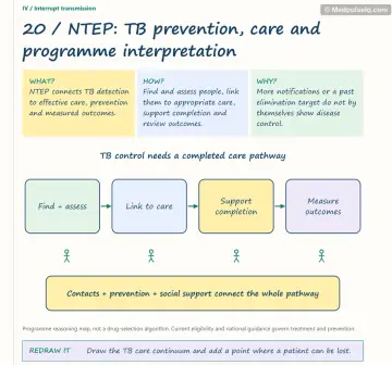 Visual notebook page — NTEP: TB prevention, care and programme interpretation: what, how and why panels with a teaching diagram