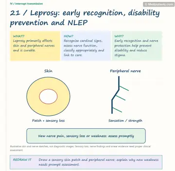Visual notebook page — Leprosy: early recognition, disability prevention and NLEP: what, how and why panels with a teaching diagram