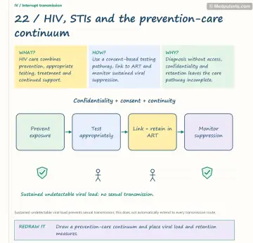 Visual notebook page — HIV, STIs and the prevention-care continuum: what, how and why panels with a teaching diagram