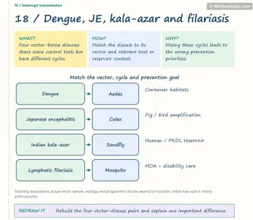 Visual notebook page — Dengue, JE, kala-azar and filariasis: what, how and why panels with a teaching diagram