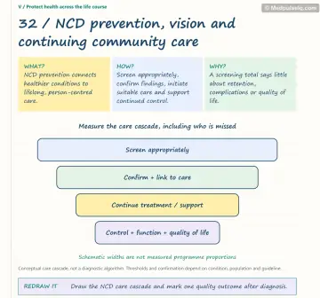 Visual notebook page — NCD prevention, vision and continuing community care: what, how and why panels with a teaching diagram