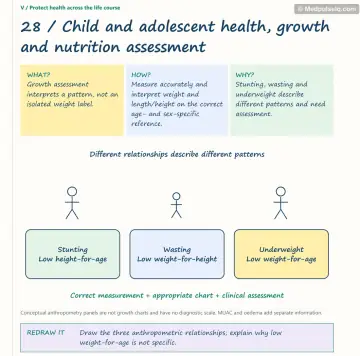 Visual notebook page — Child and adolescent health, growth and nutrition assessment: what, how and why panels with a teaching diagram