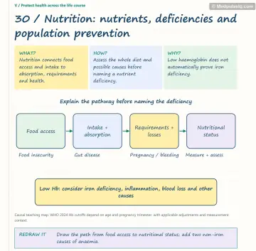 Visual notebook page — Nutrition: nutrients, deficiencies and population prevention: what, how and why panels with a teaching diagram