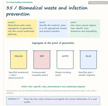 Visual notebook page — Biomedical waste and infection prevention: what, how and why panels with a teaching diagram