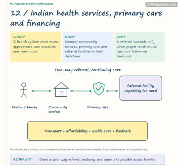 Visual notebook page — Indian health services, primary care and financing: what, how and why panels with a teaching diagram