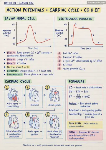 Handwritten one-page note: cardiac action potentials and the cardiac cycle