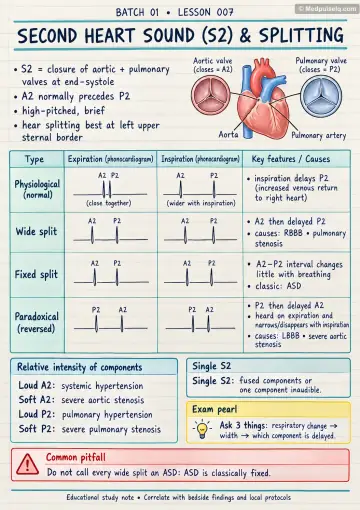 Handwritten one-page note: the second heart sound (S2) and splitting patterns