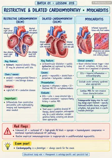 Handwritten one-page note: restrictive and dilated cardiomyopathy and myocarditis