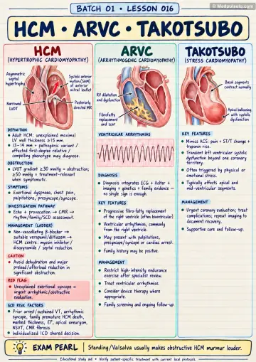 Handwritten one-page note: hypertrophic cardiomyopathy, ARVC and takotsubo