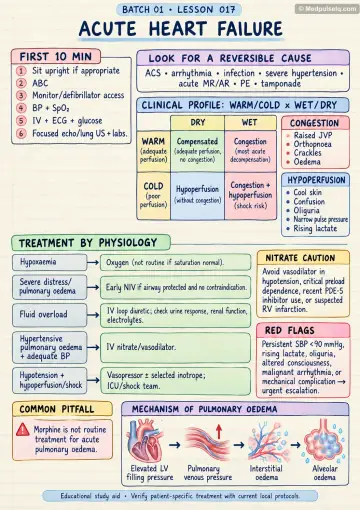 Handwritten one-page note: acute heart failure recognition and management