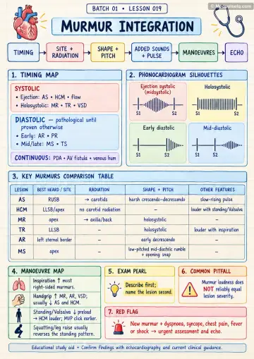 Handwritten one-page note: integrating murmurs by timing, site and manoeuvres