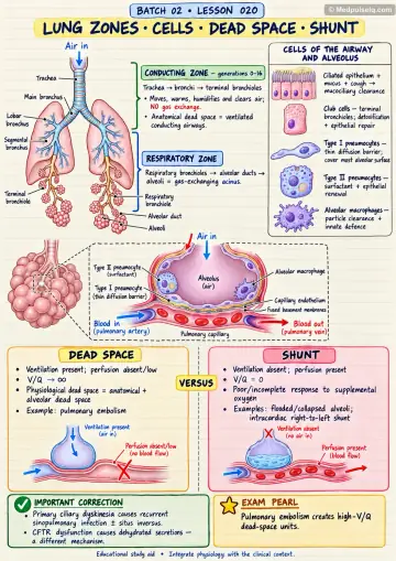 Handwritten one-page note: lung zones, airway cells, dead space and shunt