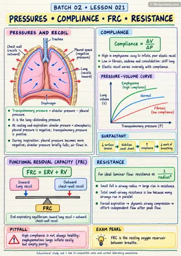 Handwritten one-page note: respiratory pressures, compliance, FRC and airway resistance
