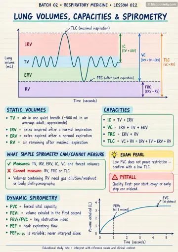 Handwritten one-page note: lung volumes, capacities and simple spirometry