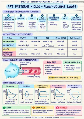 Handwritten one-page note: PFT patterns, DLCO and flow-volume loops