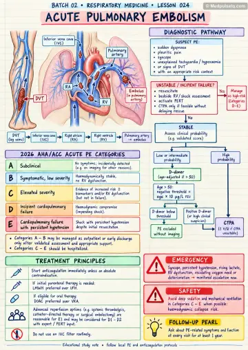Handwritten one-page note: acute pulmonary embolism pathway and risk categories