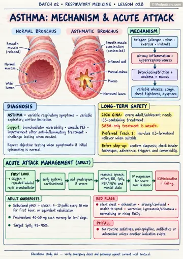 Handwritten one-page note: asthma mechanism, diagnosis and acute attack management