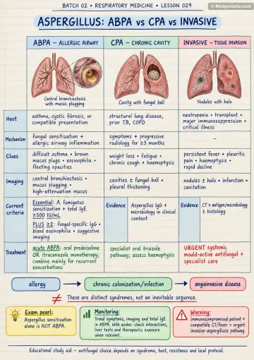 Handwritten one-page note: Aspergillus syndromes compared