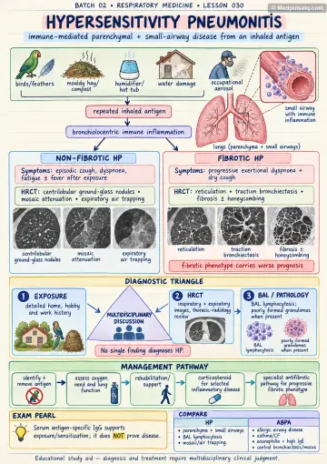Handwritten one-page note: hypersensitivity pneumonitis exposures, CT clues and management
