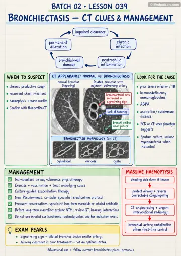 Handwritten one-page note: bronchiectasis CT clues and management