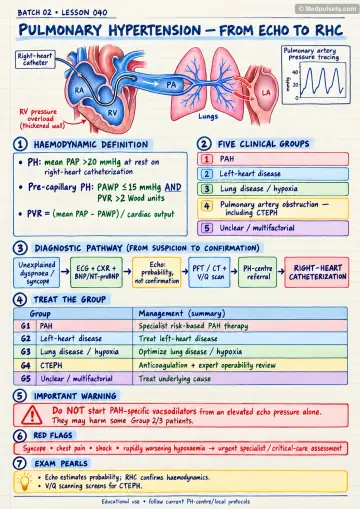 Handwritten one-page note: pulmonary hypertension from echo to right-heart catheterization