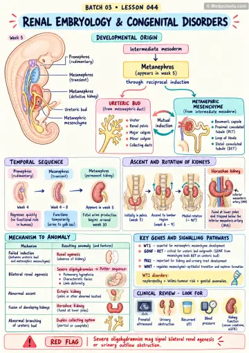 Handwritten one-page note: renal embryology and congenital anomalies