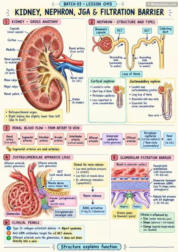 Handwritten one-page note: kidney anatomy, nephron, JGA and filtration barrier