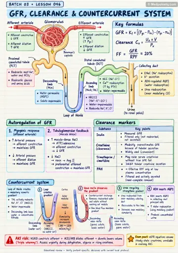 Handwritten one-page note: GFR, clearance and countercurrent system