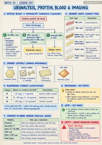 Handwritten one-page note: urinalysis, casts, protein and kidney imaging