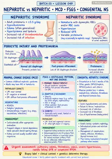 Handwritten one-page note: nephrotic versus nephritic syndrome, MCD and FSGS