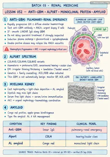 Handwritten one-page note: anti-GBM, Alport, monoclonal protein disease and amyloid