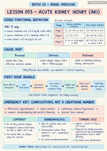 Handwritten one-page note: acute kidney injury definition, causes and first-hour bundle