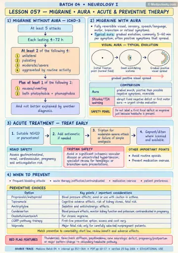 Handwritten one-page note: migraine criteria, aura, acute treatment and prevention