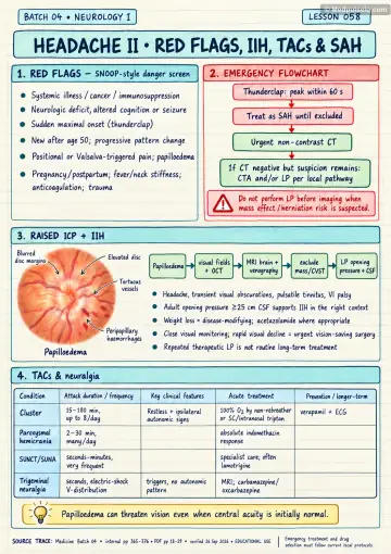 Handwritten one-page note: headache red flags, IIH, TACs and SAH pathway