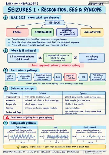 Handwritten one-page note: seizure recognition, epilepsy definition, first seizure pathway and seizure-vs-syncope table