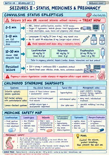 Handwritten one-page note: convulsive status epilepticus stages, childhood syndromes and antiseizure medicine safety