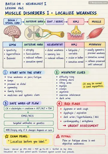 Handwritten one-page note: motor chain localization, weakness clues, work-up and red flags