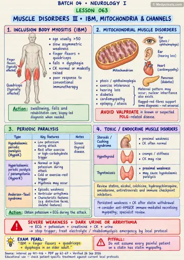 Handwritten one-page note: IBM, mitochondrial disease, periodic paralysis and toxic/endocrine myopathy