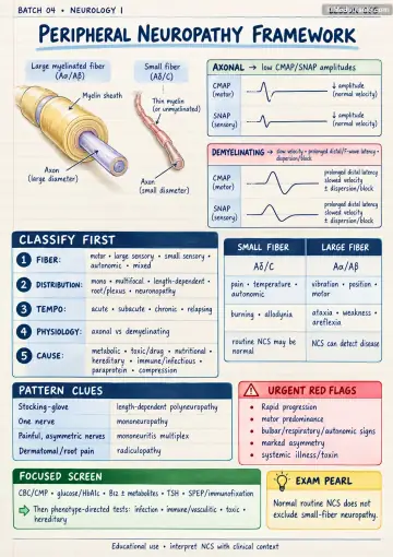 Handwritten one-page note: neuropathy fibre types, axonal-vs-demyelinating NCS and classification framework