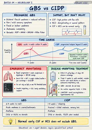 Handwritten one-page note: GBS recognition, time course, monitoring, treatment and CIDP comparison