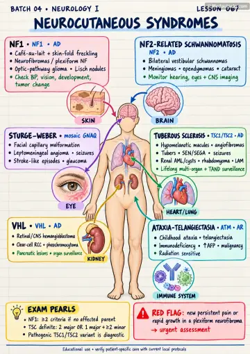 Handwritten one-page note: neurocutaneous syndromes with hallmark organ involvement and surveillance pearls