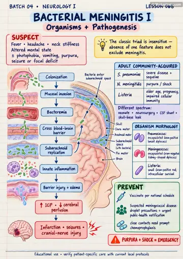 Handwritten one-page note: bacterial meningitis organisms, pathogenesis, prevention and purpura-shock warning