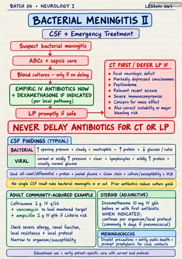 Handwritten one-page note: meningitis emergency flowchart, CT-before-LP indications, CSF patterns and empiric therapy