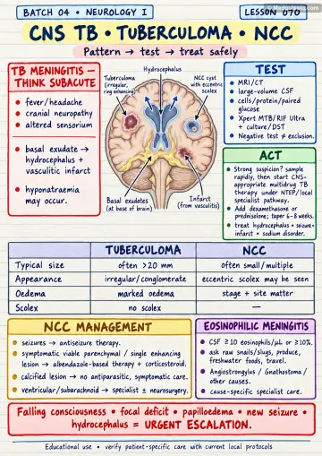 Handwritten one-page note: CNS TB, tuberculoma, NCC, eosinophilic meningitis and urgent escalation signs